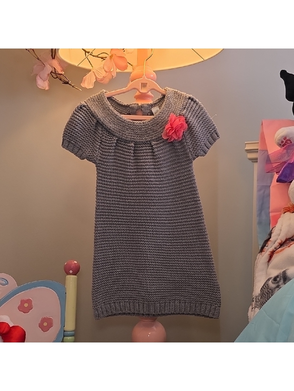 Charming Knit Dress with Pink Floral Accent
